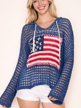 Miracle Blue Crochet Flag Semi Sheer Hoodie Long Sleeve Top